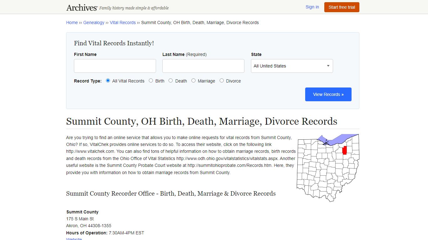 Summit County, OH Birth, Death, Marriage, Divorce Records - Archives.com